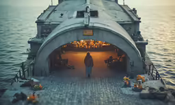 a boat with a man walking out to sea through an open port tunnel