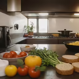 a counter topped with different types of vegetables and bread