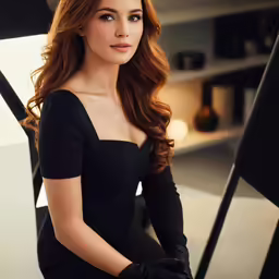a woman in a black dress posing for the camera