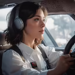 a girl in the drivers seat of a car is using a steering wheel