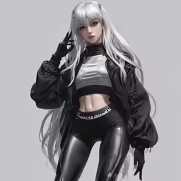 a woman in black and silver posing with long white hair