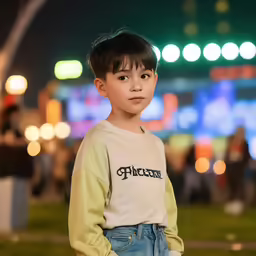 a child in a long sleeved shirt stands in front of an open - air arena with several lights in the background