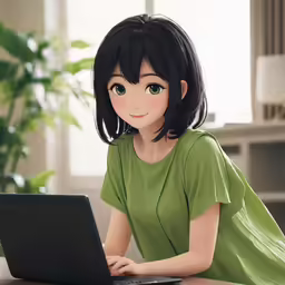 a woman wearing a green dress sitting in front of a laptop
