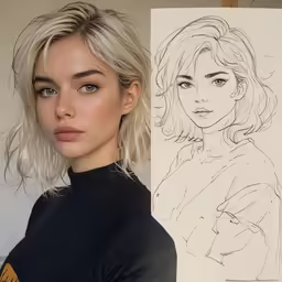 the young woman is posing next to a drawing