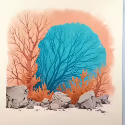 a blue circle on a white background with coral and rocks