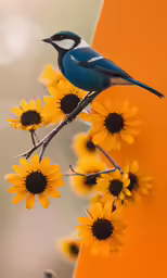 a blue jay on a branch with yellow flowers