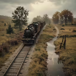 a train drives past a creek in a meadow