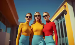 four female models in yellow, orange and blue outfit on the side of a building