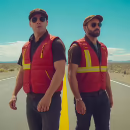 two men with sun glasses are wearing life vests