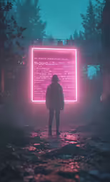 a person stands with his back facing a neon light