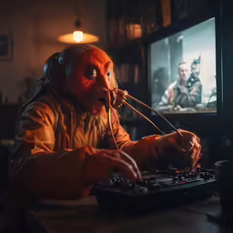 a scary looking character using a computer keyboard