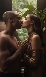 two naked women kissing each other near a potted plant