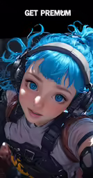 an animation character with blue hair wearing headphones