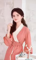asian girl in pink bath robe holding something