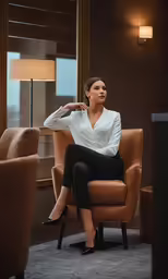 a woman is sitting in an elegant chair