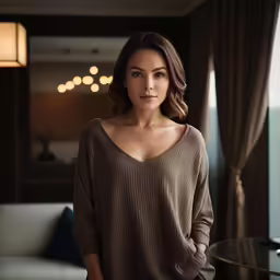a beautiful woman posing in front of a couch