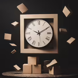 an clock and cubes in the air by the table