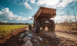 the truck is driving on the dirt road