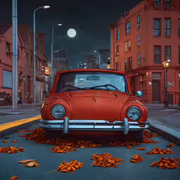 an old car is sitting on the street surrounded by leaves,an old, worn out car parked on a street