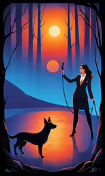 a woman in black jacket holding a whip rope next to a dog