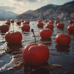a lot of red apples floating in the lake
