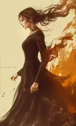 a woman is walking with a long black dress on