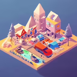 an aerial shot of a city, a multi - colored building and several cars parked on the lot