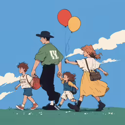 cartoon of a boy with four children in his hand holding some balloons