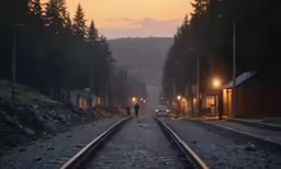 people on a railroad track with light and dark colored sky