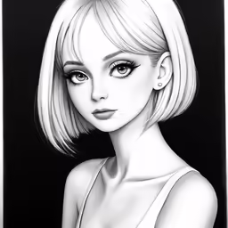 a drawing of a woman with short blonde hair and a black background