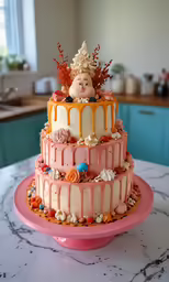 a three tiered cake on top of a counter