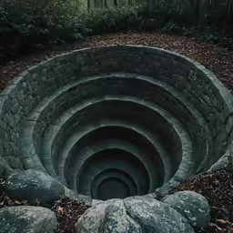 a stone circle of steps in a rock and dirt garden