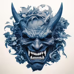 an evil mask with large horns and roses around its mouth