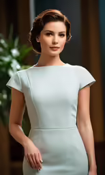 a woman with dark hair wearing a short white dress