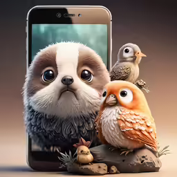 an owl is surrounded by owls as they stare at a mobile phone