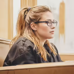 a blond woman wearing glasses sitting down at a bench