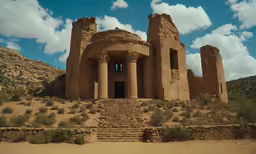 a set of steps lead to a well carved building