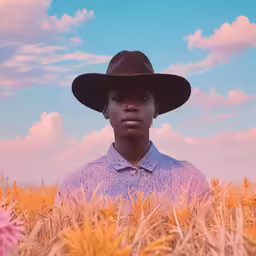 a woman standing in a corn field with a hat on her head