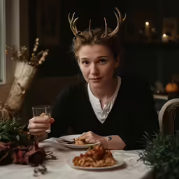 there is a woman in a restaurant eating food and drinking wine