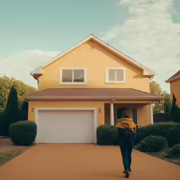 a person walks through front of a house