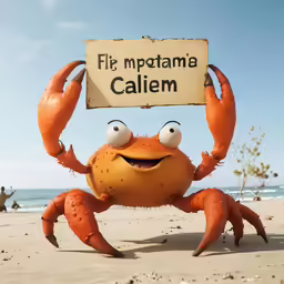 an animal holding a sign on the beach with people in the background