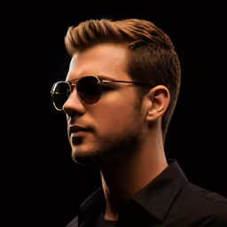a man wearing glasses is in front of a dark background