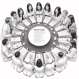 the picture depicts five women around a giant white circular