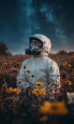 the man is in the field with flowers wearing a protective mask