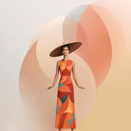 the model is in a colorful dress and hat