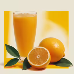 a glass filled with orange juice and sliced fruit