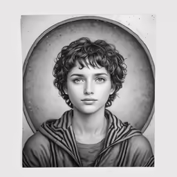 a portrait of a young girl with curly hair