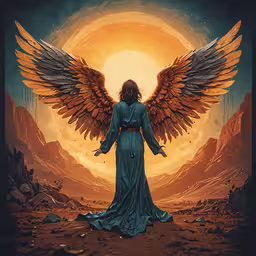 a person with an angel standing in front of the sun,an illustration of an angel in the midst of a glowing sun