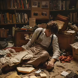 a man with overalls and suspenders sitting in front of a bookcase