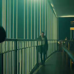 man walking down the hallway beside a tall wall